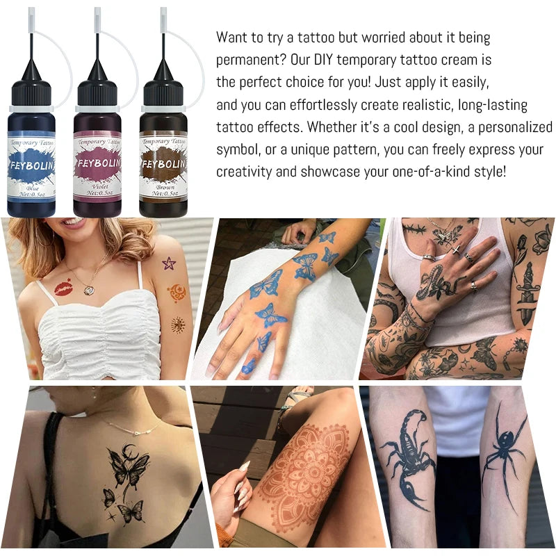 Long-Lasting Temporary Tattoo Inks with 3 Tattoo Stickers Kit, Freehand Painting Gel for Makeup Trend Party Tattoos for Face Bod