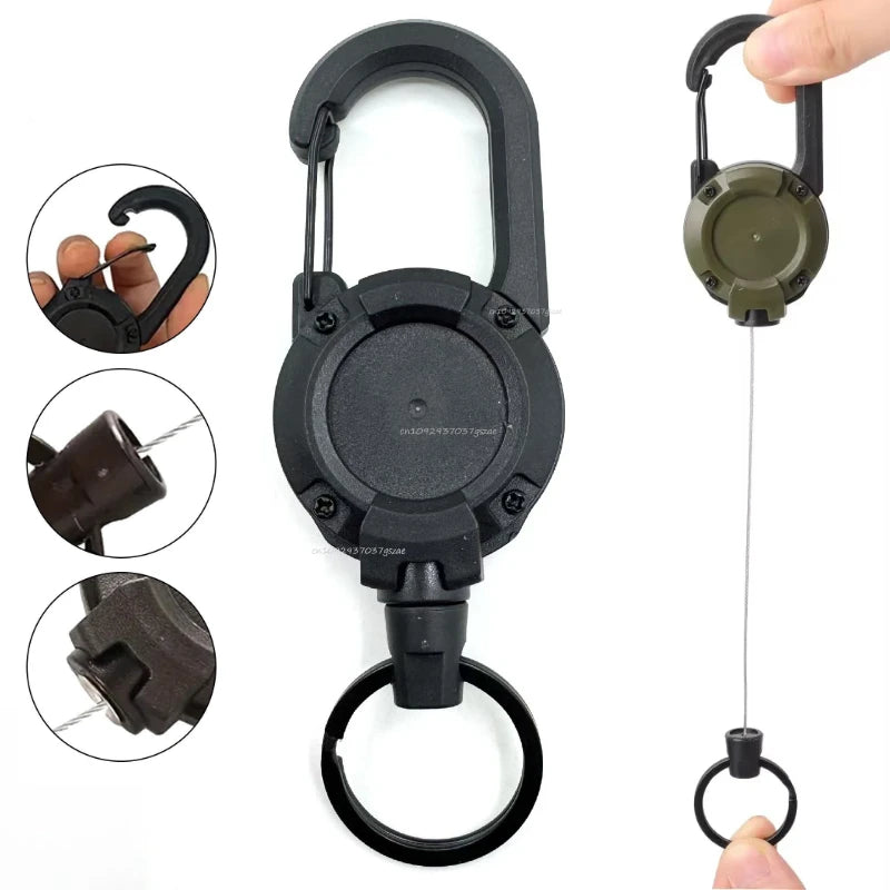 Retractable Heavy Duty Pull Reel Carabiner Strong Steel Wire Rope Buckle Spring Key Ring Outdoor Sporty Attachment Keychain Tool