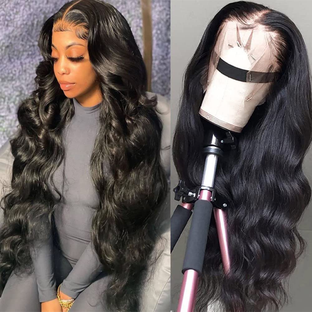 13x4 Body Wave Lace Front Wigs Human Hair Pre Plucked HD Transparent Lace Frontal Wig with Baby Hair 180% Density 9A Glueless Brazilian Virgin Human Hair Lace Front Wigs for Women Natural Black 22Inch
