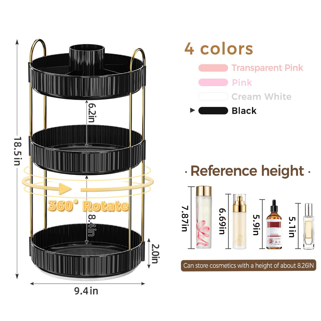 360° Rotating Makeup Organizer, Upgraded 3 Tier Skincare Perfume Organizers for Women, Bathroom Organizer Countertop, Clear Cosmetic Dresser Organizer with Makeup Brush Holder, Sink&Counter(Amber)