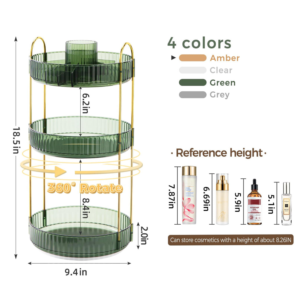 360° Rotating Makeup Organizer, Upgraded 3 Tier Skincare Perfume Organizers for Women, Bathroom Organizer Countertop, Clear Cosmetic Dresser Organizer with Makeup Brush Holder, Sink&Counter(Amber)