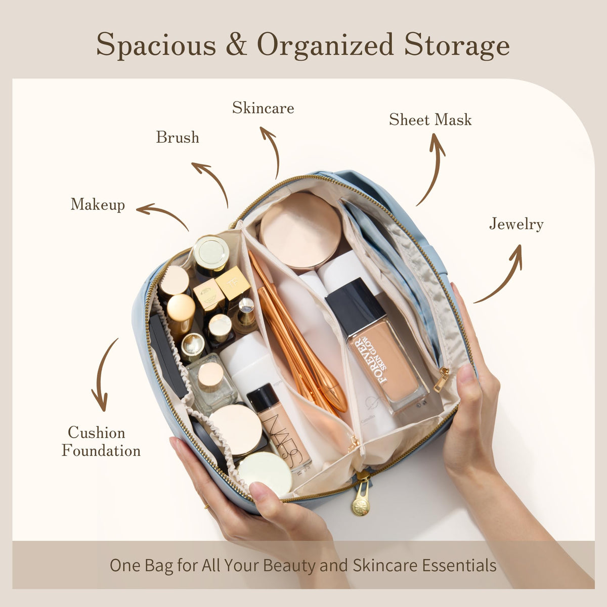 SHOWKOO Cosmetic Bag for Women, WideOpen Travel Makeup Bag with Compartment