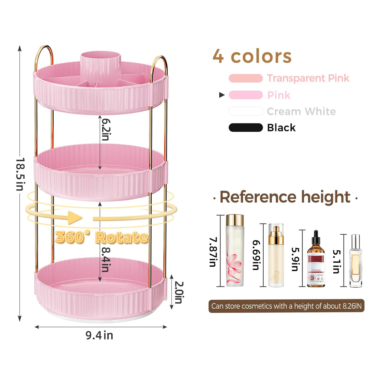 360° Rotating Makeup Organizer, Upgraded 3 Tier Skincare Perfume Organizers for Women, Bathroom Organizer Countertop, Clear Cosmetic Dresser Organizer with Makeup Brush Holder, Sink&Counter(Amber)