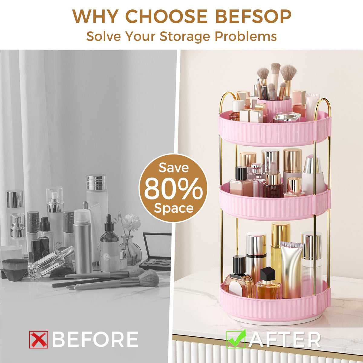 360° Rotating Makeup Organizer, Upgraded 3 Tier Skincare Perfume Organizers for Women, Bathroom Organizer Countertop, Clear Cosmetic Dresser Organizer with Makeup Brush Holder, Sink&Counter(Amber)