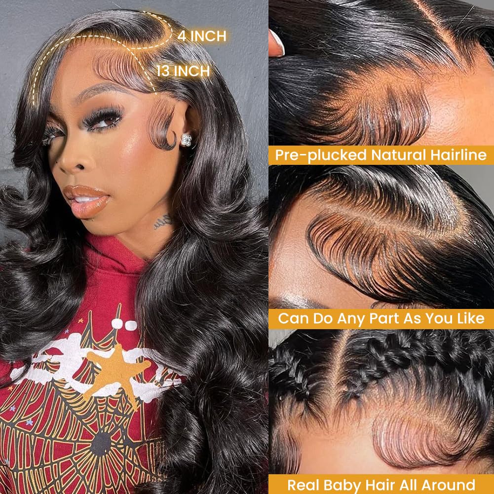 13x4 Body Wave Lace Front Wigs Human Hair Pre Plucked HD Transparent Lace Frontal Wig with Baby Hair 180% Density 9A Glueless Brazilian Virgin Human Hair Lace Front Wigs for Women Natural Black 22Inch