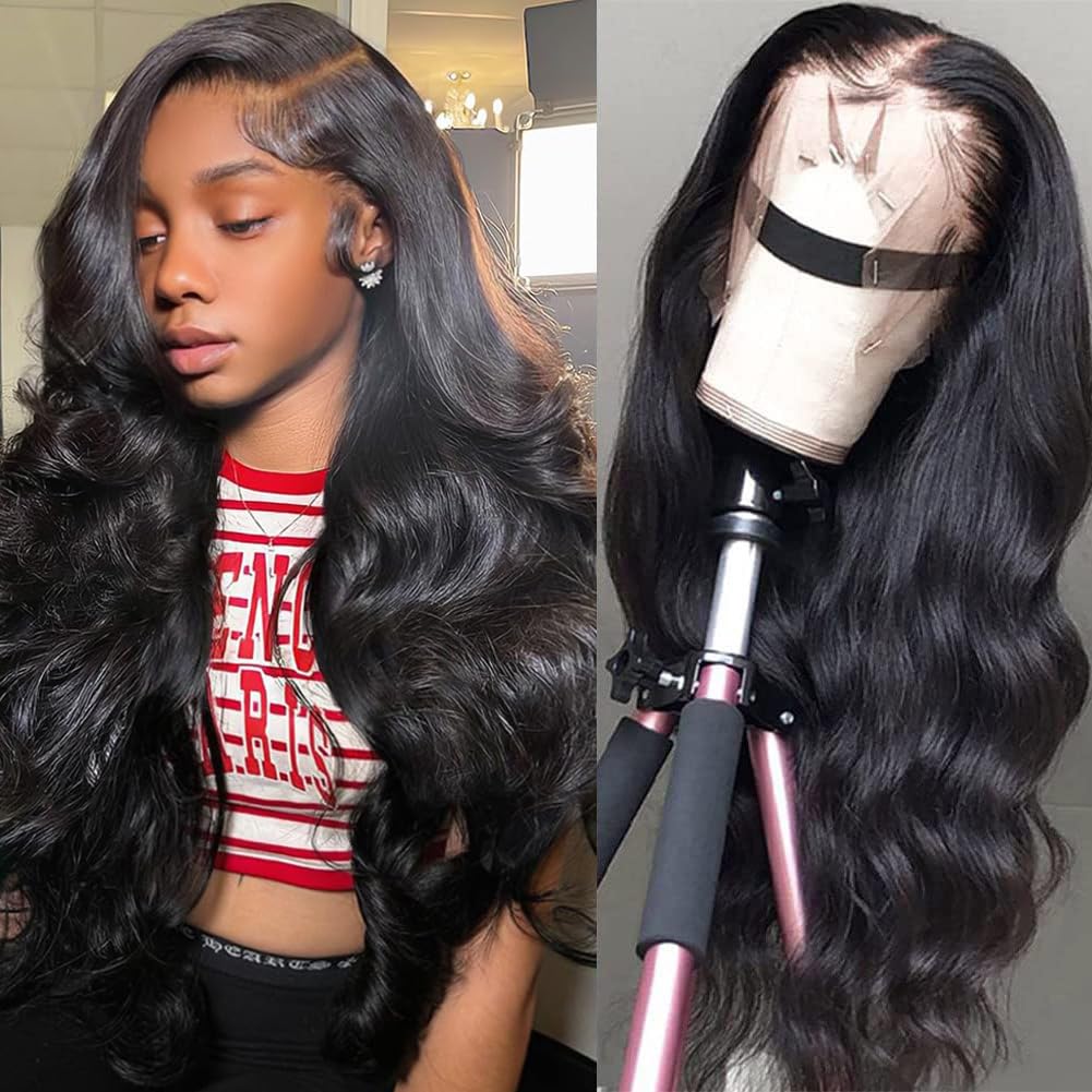 13x4 Body Wave Lace Front Wigs Human Hair Pre Plucked HD Transparent Lace Frontal Wig with Baby Hair 180% Density 9A Glueless Brazilian Virgin Human Hair Lace Front Wigs for Women Natural Black 22Inch