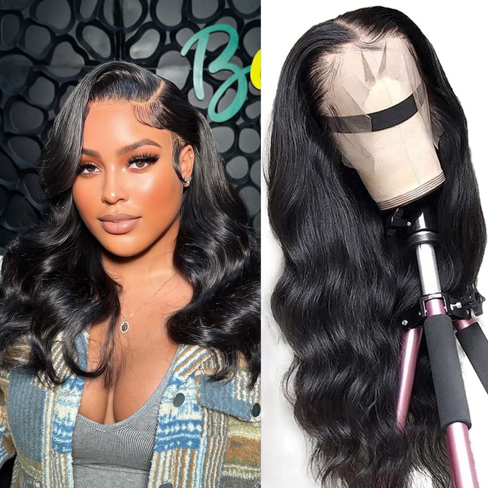 13x4 Body Wave Lace Front Wigs Human Hair Pre Plucked HD Transparent Lace Frontal Wig with Baby Hair 180% Density 9A Glueless Brazilian Virgin Human Hair Lace Front Wigs for Women Natural Black 22Inch