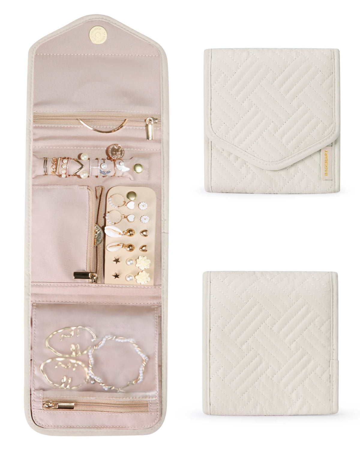 BAGSMART Travel Jewelry Organizer Case Foldable Jewelry Roll,Soft Pink