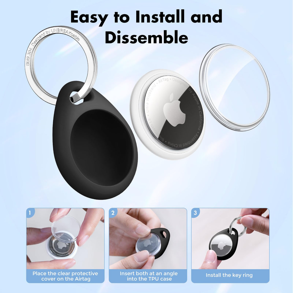 UNBREAKcable AirTag Holder for Apple - 4 Pack Air Tag Case with Keychain