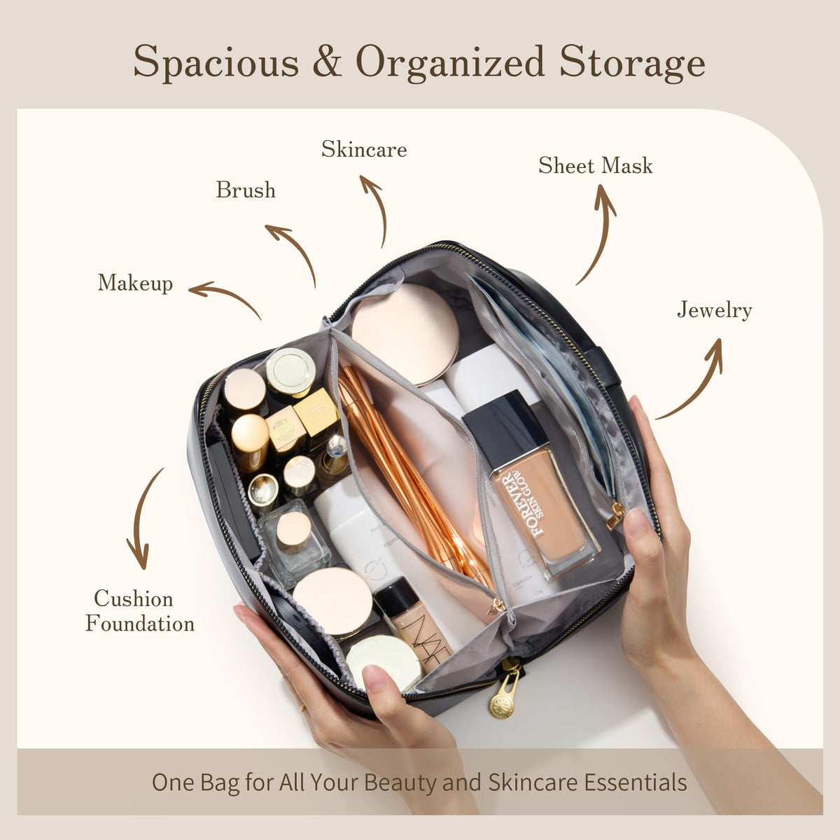 SHOWKOO Cosmetic Bag for Women, WideOpen Travel Makeup Bag with Compartment