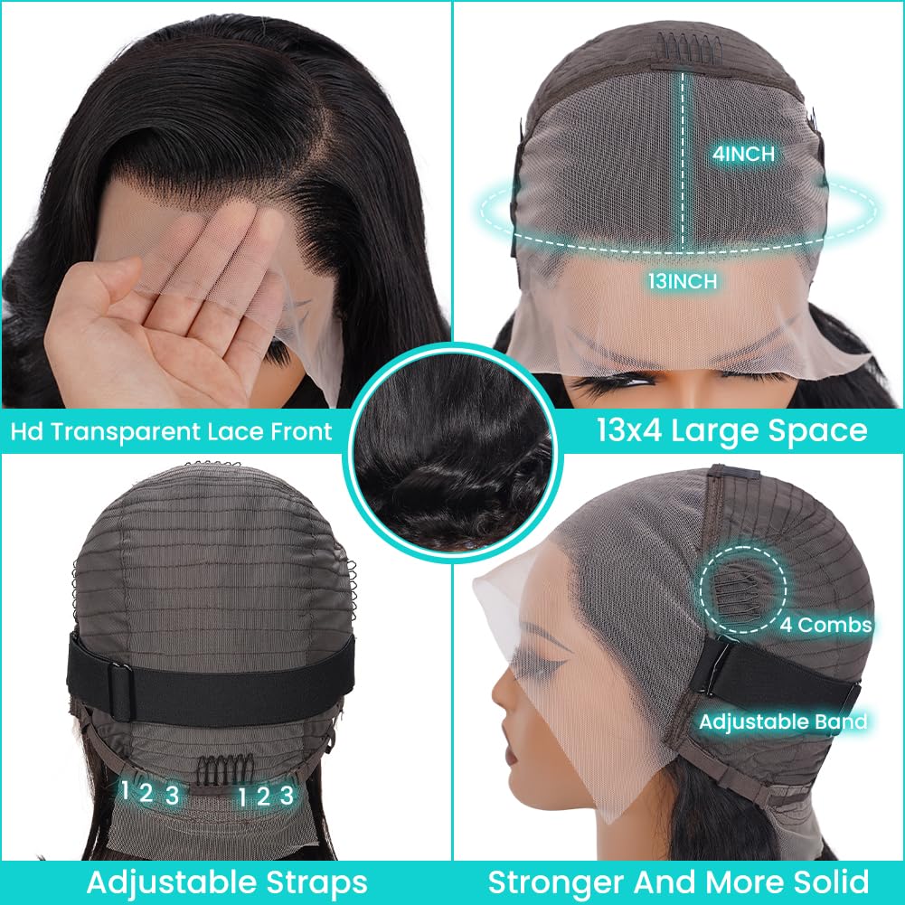 13x4 Body Wave Lace Front Wigs Human Hair Pre Plucked HD Transparent Lace Frontal Wig with Baby Hair 180% Density 9A Glueless Brazilian Virgin Human Hair Lace Front Wigs for Women Natural Black 22Inch