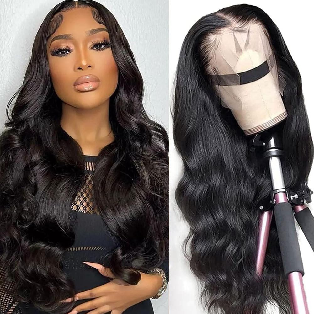 13x4 Body Wave Lace Front Wigs Human Hair Pre Plucked HD Transparent Lace Frontal Wig with Baby Hair 180% Density 9A Glueless Brazilian Virgin Human Hair Lace Front Wigs for Women Natural Black 22Inch