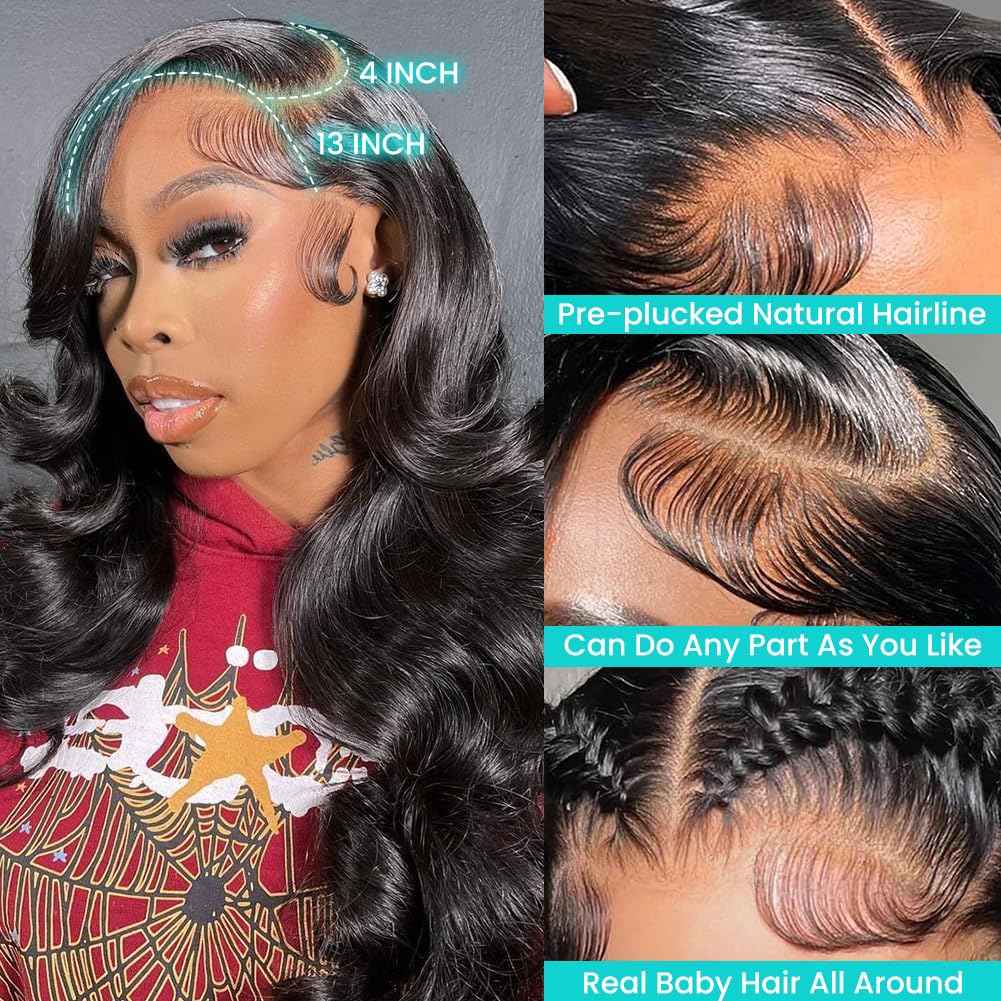 13x4 Body Wave Lace Front Wigs Human Hair Pre Plucked HD Transparent Lace Frontal Wig with Baby Hair 180% Density 9A Glueless Brazilian Virgin Human Hair Lace Front Wigs for Women Natural Black 22Inch