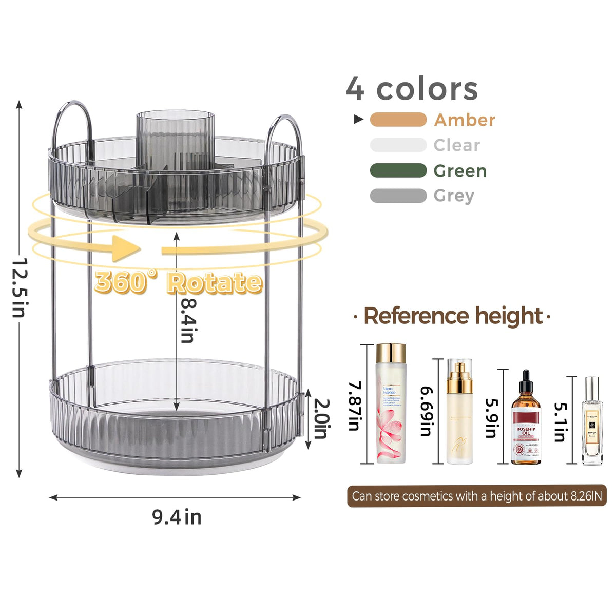360° Rotating Makeup Organizer, Upgraded 3 Tier Skincare Perfume Organizers for Women, Bathroom Organizer Countertop, Clear Cosmetic Dresser Organizer with Makeup Brush Holder, Sink&Counter(Amber)