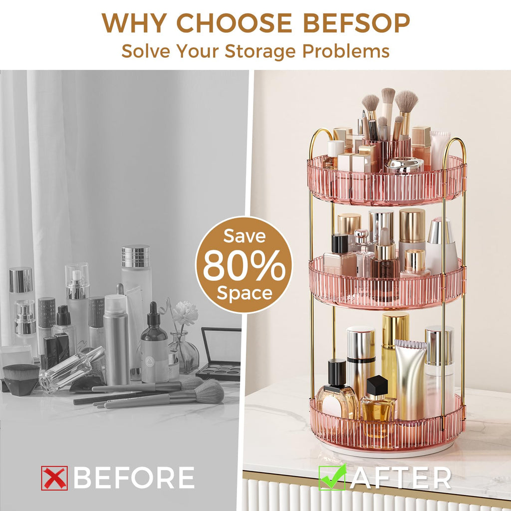 360° Rotating Makeup Organizer, Upgraded 3 Tier Skincare Perfume Organizers for Women, Bathroom Organizer Countertop, Clear Cosmetic Dresser Organizer with Makeup Brush Holder, Sink&Counter(Amber)