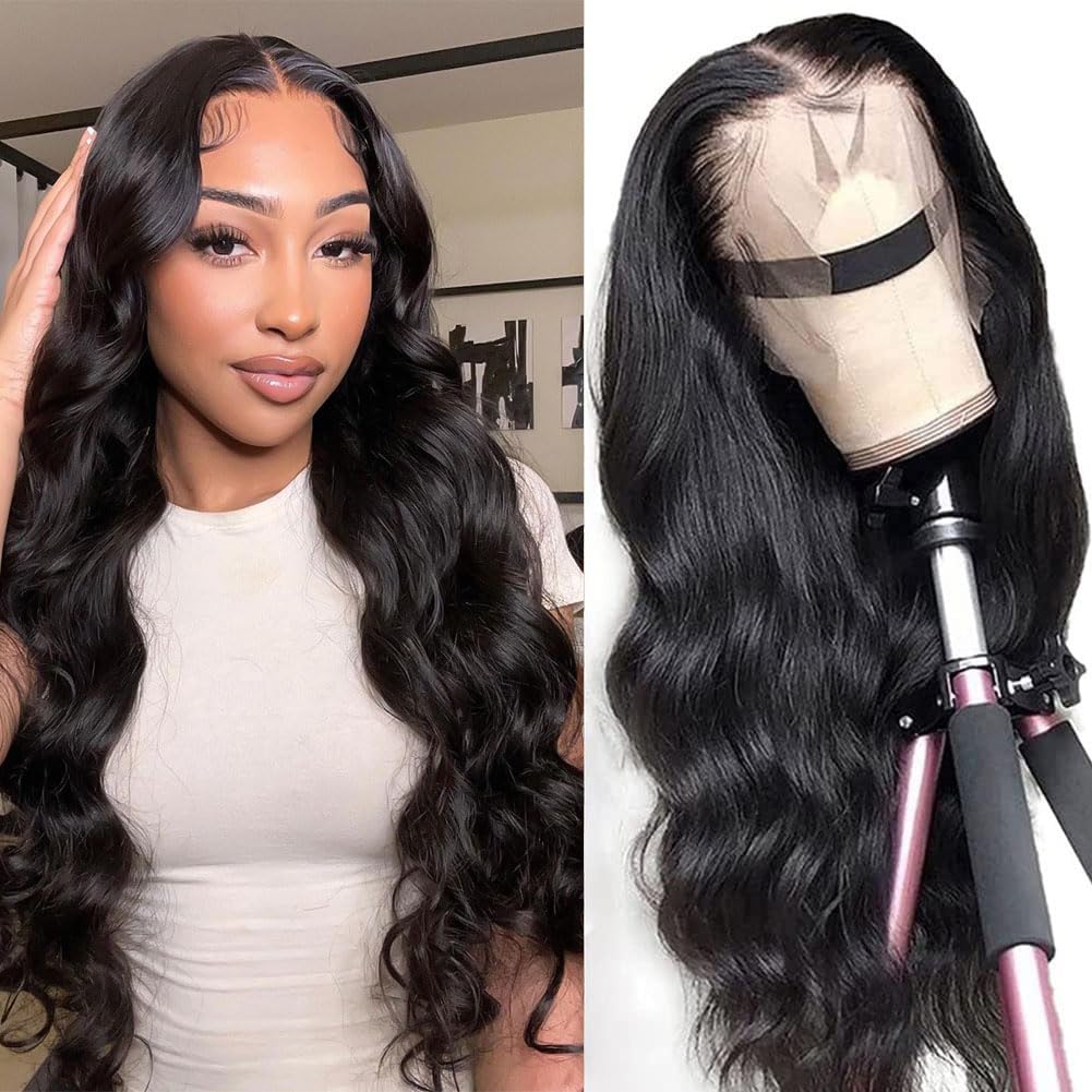 13x4 Body Wave Lace Front Wigs Human Hair Pre Plucked HD Transparent Lace Frontal Wig with Baby Hair 180% Density 9A Glueless Brazilian Virgin Human Hair Lace Front Wigs for Women Natural Black 22Inch