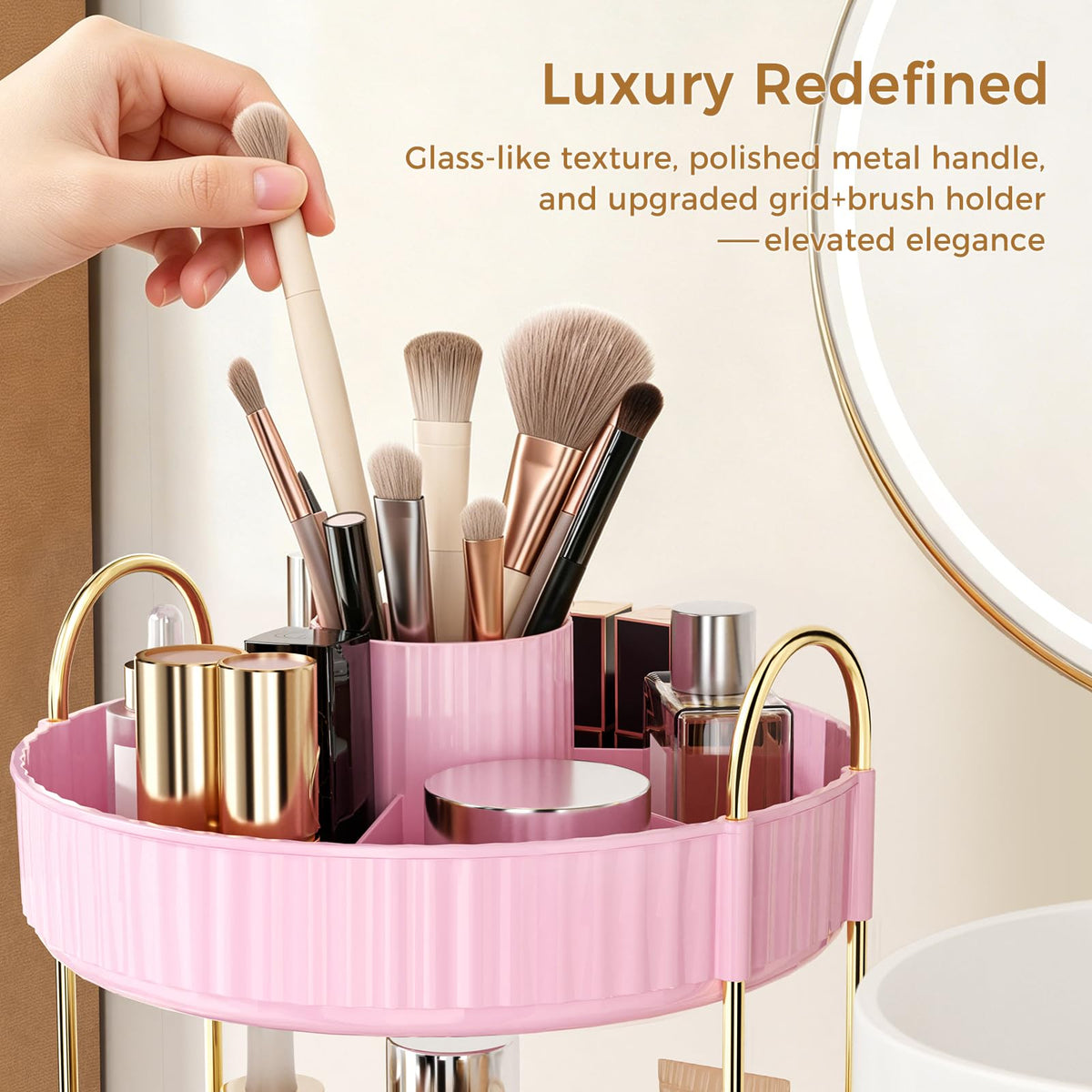 360° Rotating Makeup Organizer, Upgraded 3 Tier Skincare Perfume Organizers for Women, Bathroom Organizer Countertop, Clear Cosmetic Dresser Organizer with Makeup Brush Holder, Sink&Counter(Amber)