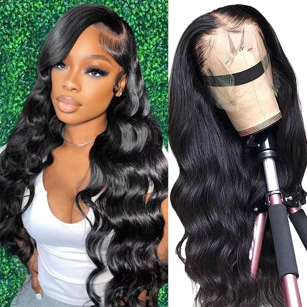 13x4 Body Wave Lace Front Wigs Human Hair Pre Plucked HD Transparent Lace Frontal Wig with Baby Hair 180% Density 9A Glueless Brazilian Virgin Human Hair Lace Front Wigs for Women Natural Black 22Inch