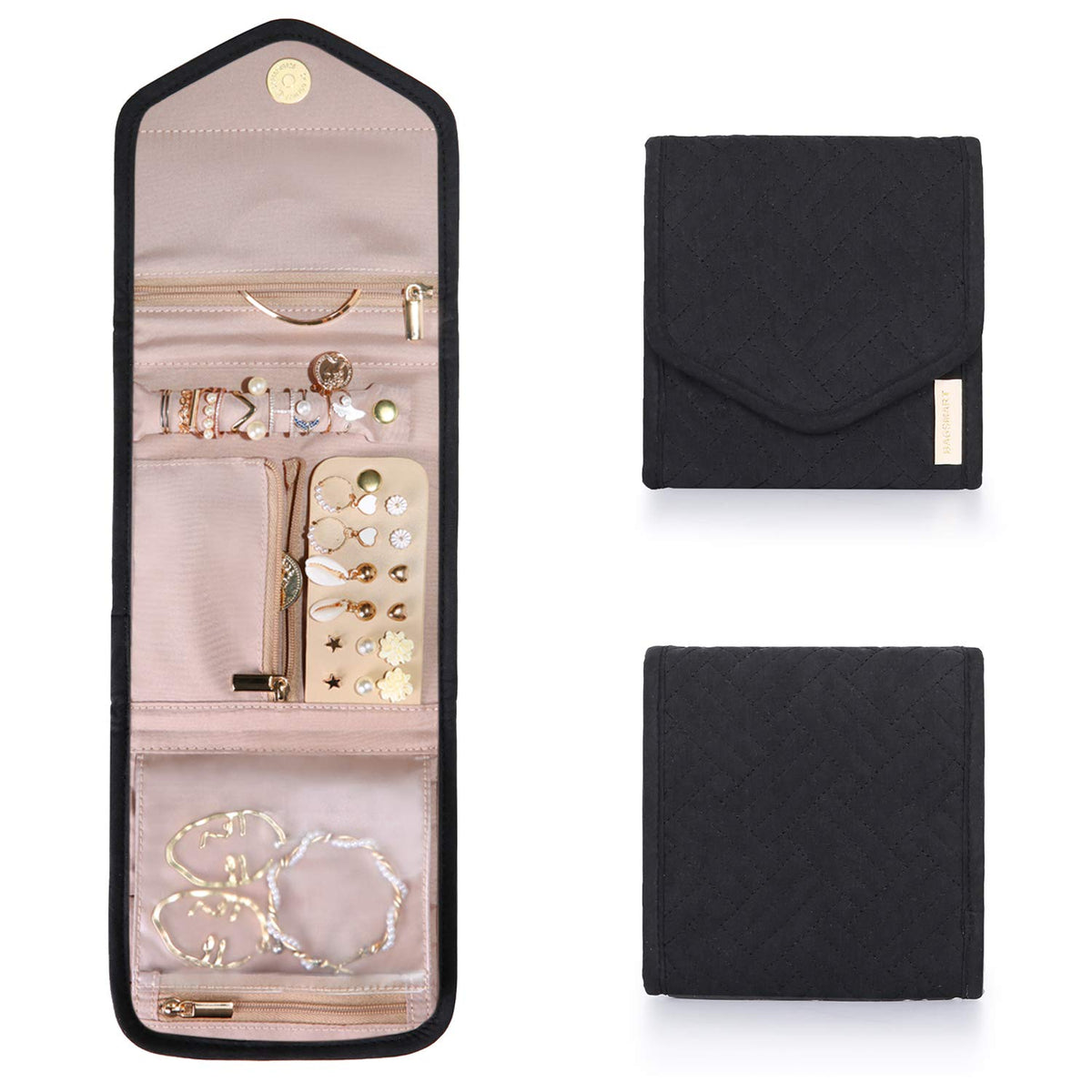 BAGSMART Travel Jewelry Organizer Case Foldable Jewelry Roll,Soft Pink