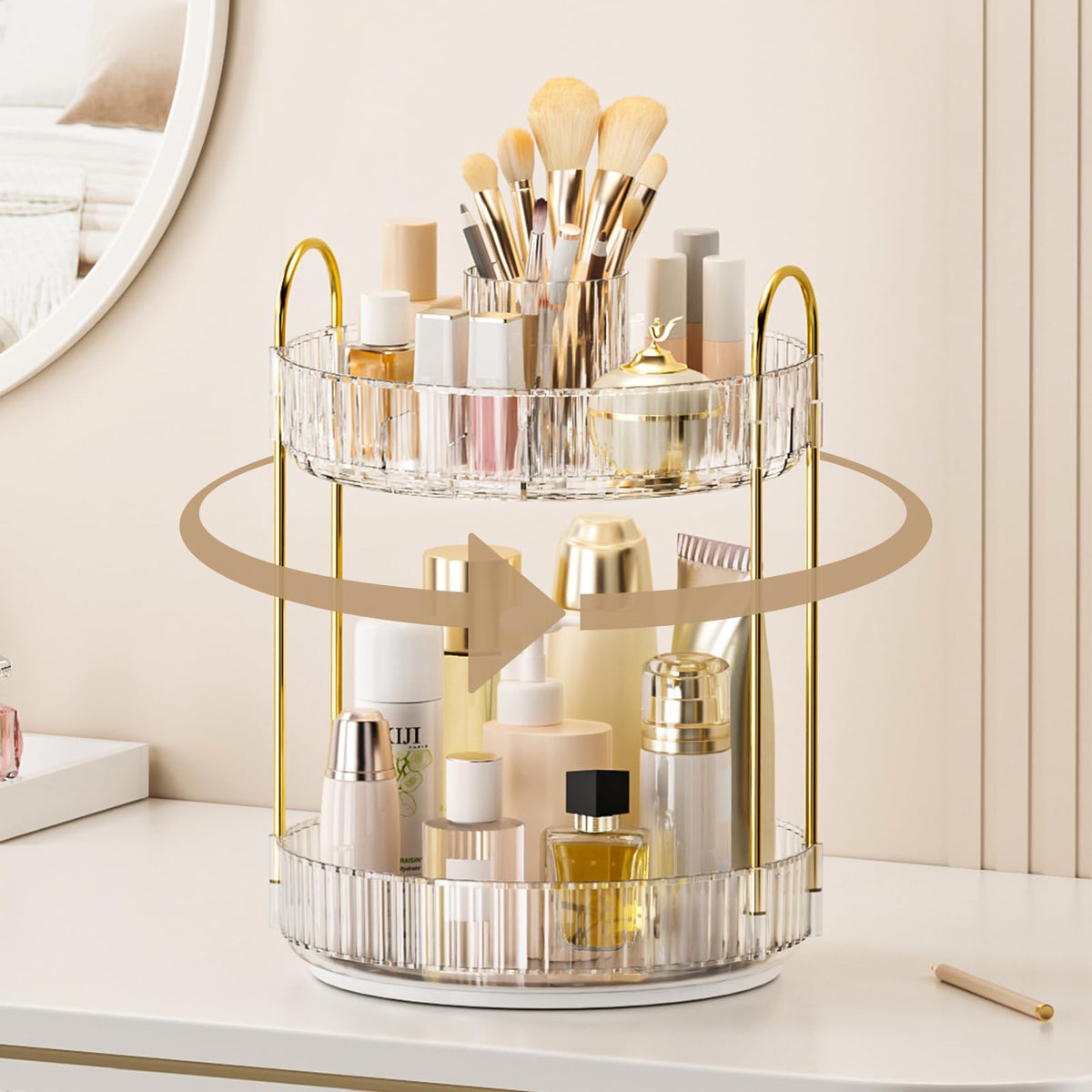 360° Rotating Makeup Organizer, Upgraded 3 Tier Skincare Perfume Organizers for Women, Bathroom Organizer Countertop, Clear Cosmetic Dresser Organizer with Makeup Brush Holder, Sink&Counter(Amber)