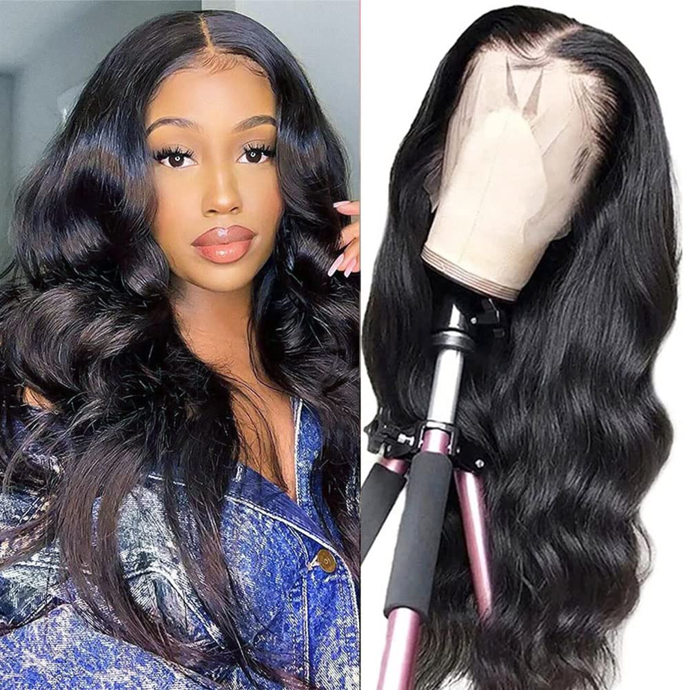 13x4 Body Wave Lace Front Wigs Human Hair Pre Plucked HD Transparent Lace Frontal Wig with Baby Hair 180% Density 9A Glueless Brazilian Virgin Human Hair Lace Front Wigs for Women Natural Black 22Inch