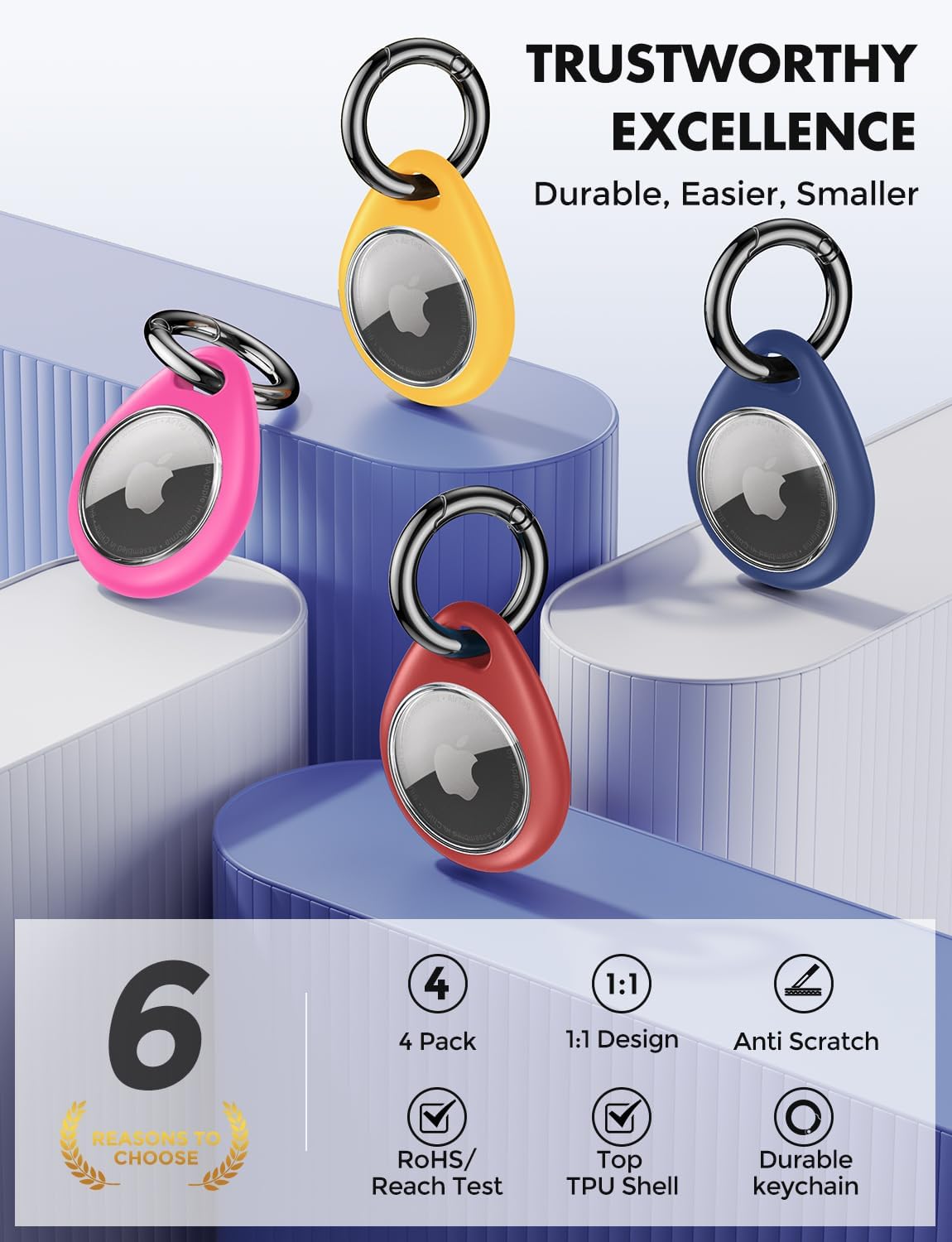UNBREAKcable AirTag Holder for Apple - 4 Pack Air Tag Case with Keychain