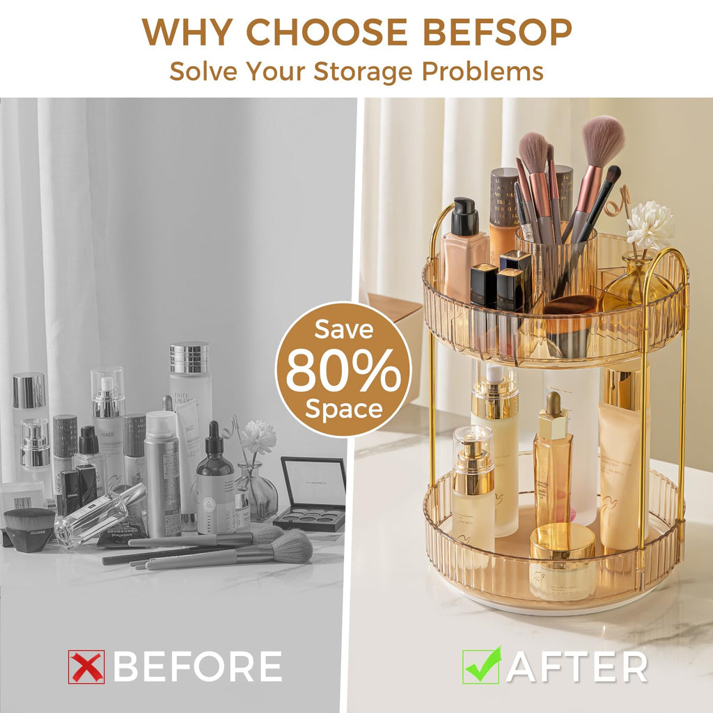 360° Rotating Makeup Organizer, Upgraded 3 Tier Skincare Perfume Organizers for Women, Bathroom Organizer Countertop, Clear Cosmetic Dresser Organizer with Makeup Brush Holder, Sink&Counter(Amber)