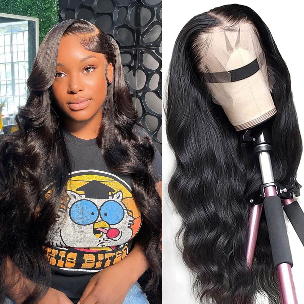 13x4 Body Wave Lace Front Wigs Human Hair Pre Plucked HD Transparent Lace Frontal Wig with Baby Hair 180% Density 9A Glueless Brazilian Virgin Human Hair Lace Front Wigs for Women Natural Black 22Inch