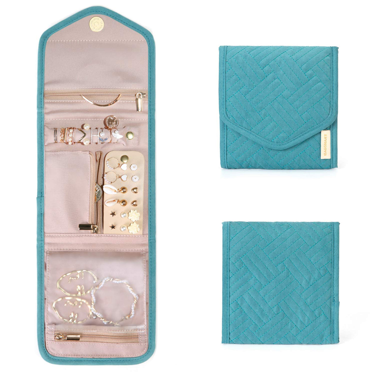 BAGSMART Travel Jewelry Organizer Case Foldable Jewelry Roll,Soft Pink