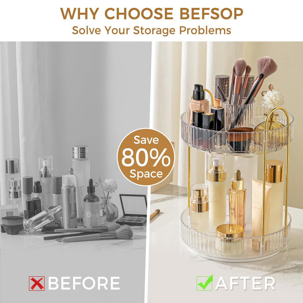 360° Rotating Makeup Organizer, Upgraded 3 Tier Skincare Perfume Organizers for Women, Bathroom Organizer Countertop, Clear Cosmetic Dresser Organizer with Makeup Brush Holder, Sink&Counter(Amber)