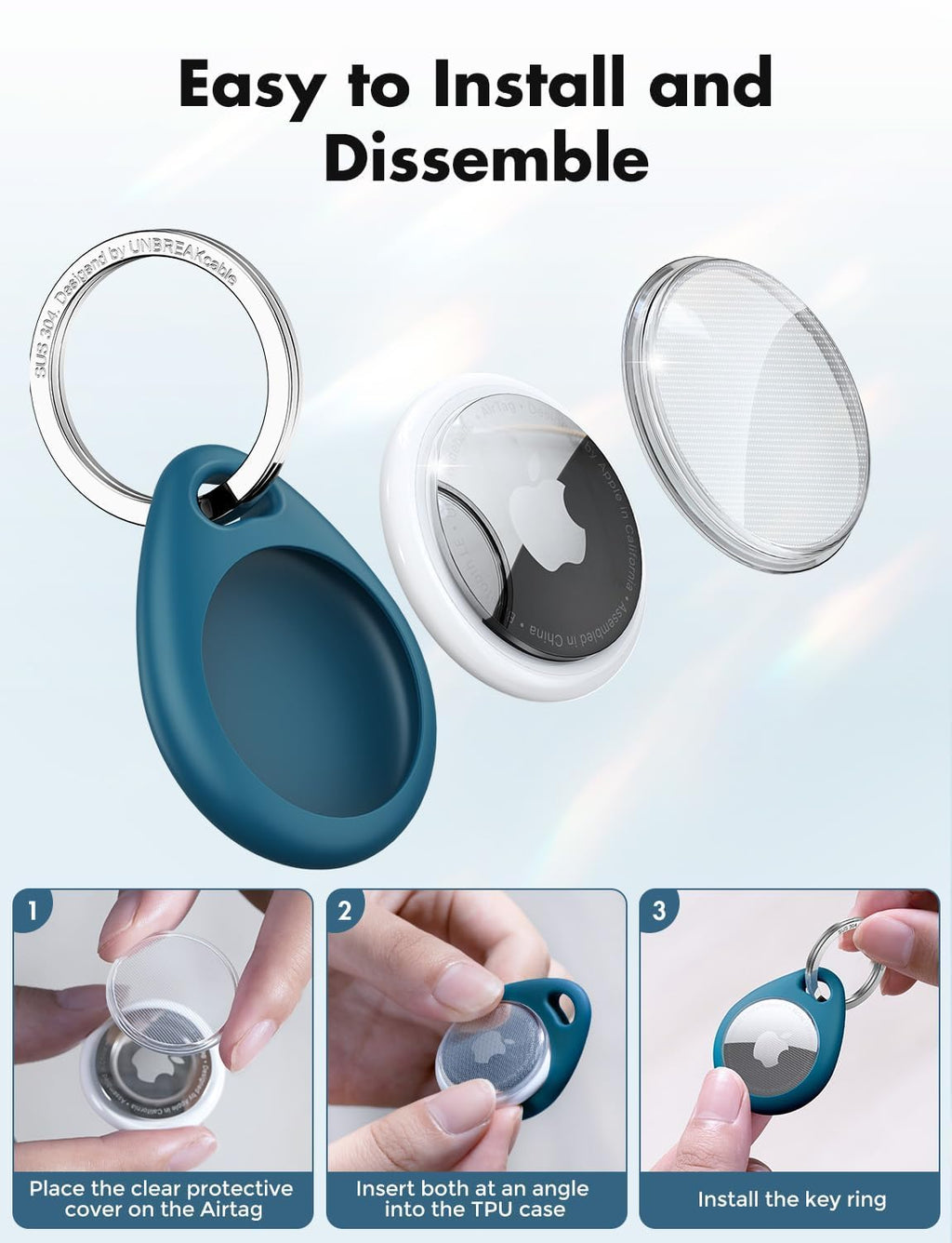UNBREAKcable AirTag Holder for Apple - 4 Pack Air Tag Case with Keychain