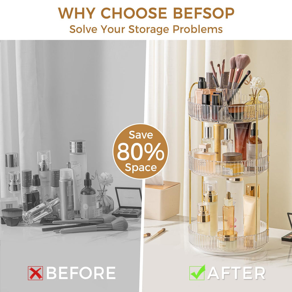360° Rotating Makeup Organizer, Upgraded 3 Tier Skincare Perfume Organizers for Women, Bathroom Organizer Countertop, Clear Cosmetic Dresser Organizer with Makeup Brush Holder, Sink&Counter(Amber)