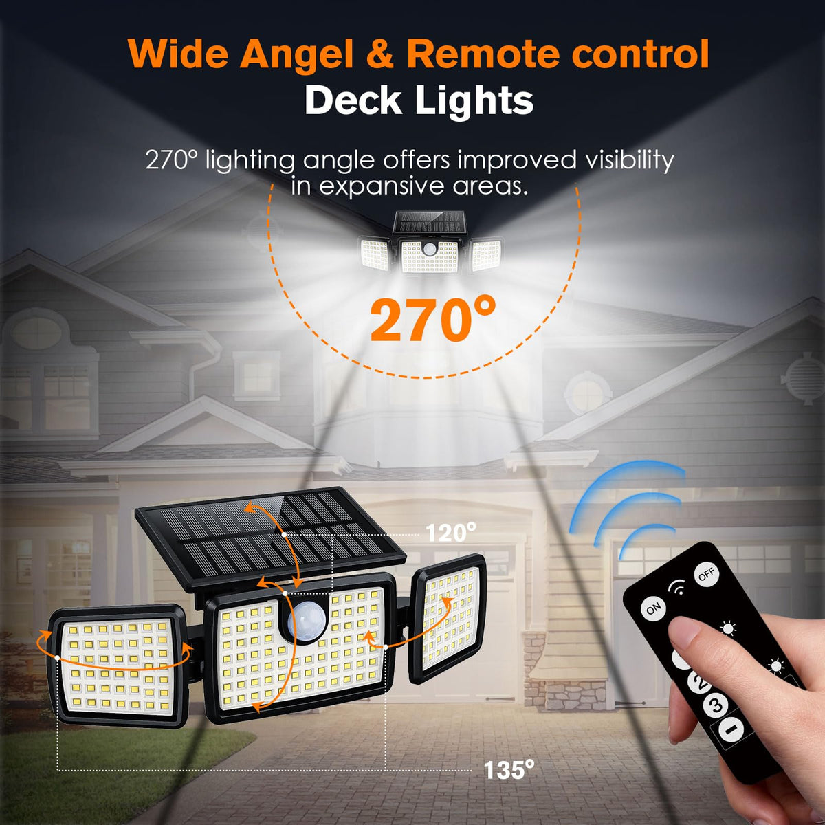 MIHANI Solar Flood Lights Outdoor, 2500LM Motion Sensor Security Lights with 270° Wide Angle, IP65 Waterproof, 3 Heads Solar Outdoor Lights for Patio, Yard, House, Garage (Non-Remote, 2 Pack)
