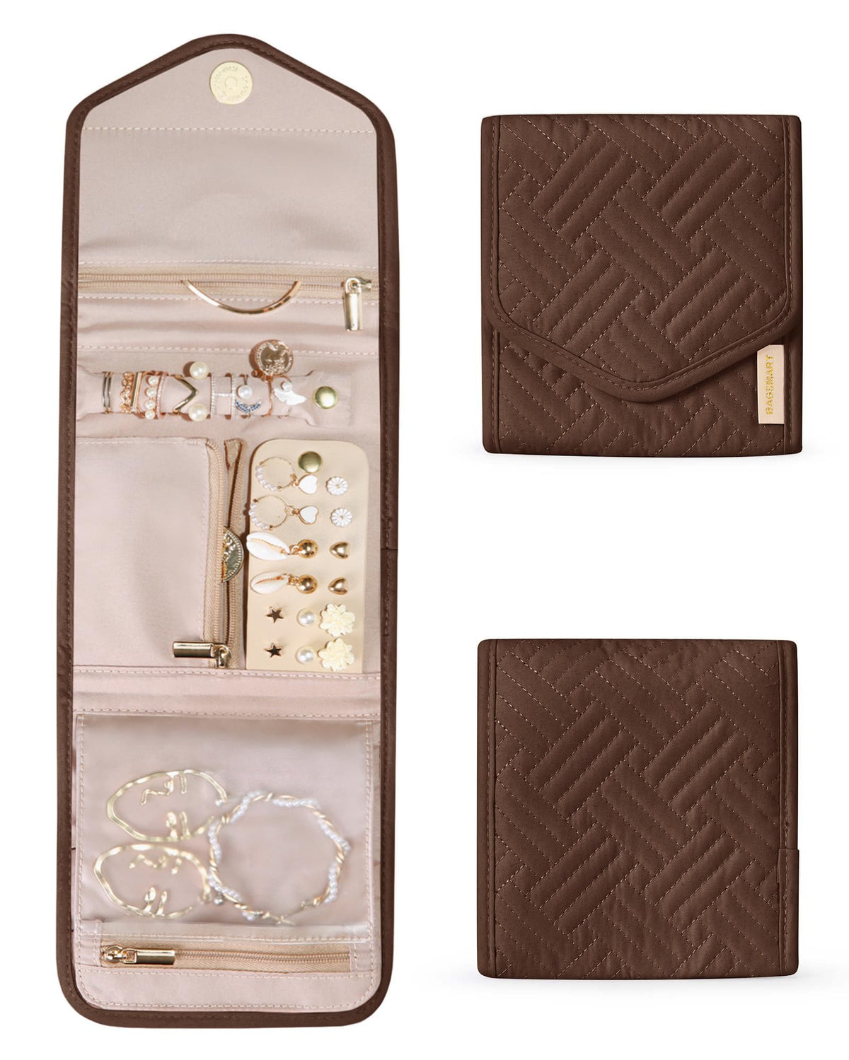 BAGSMART Travel Jewelry Organizer Case Foldable Jewelry Roll,Soft Pink