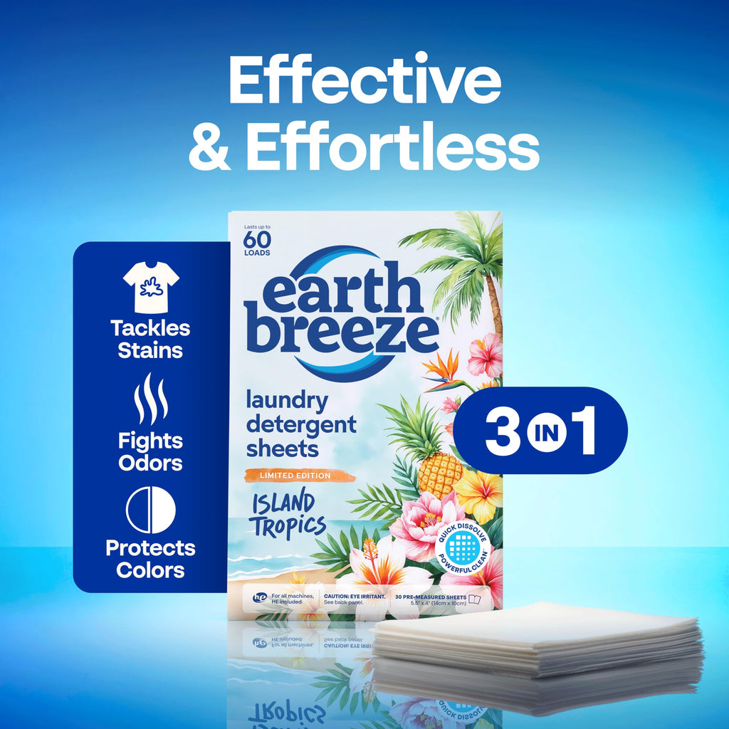 Earth Breeze Laundry Detergent Sheets Fresh Scent - 60 Loads per package. Eco Liquidless Soap - Travel-Friendly for Hot & Cold Cycles, Tackles Tough Stains & Odors - Gentle on Skin, 30 sheets (3 Pack)