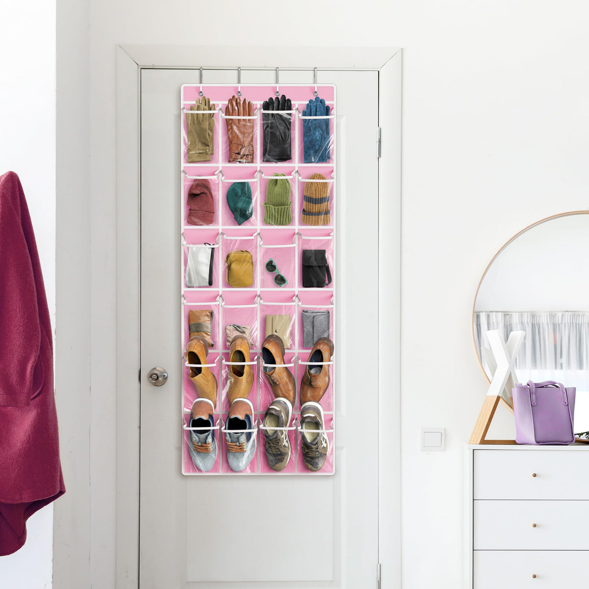 Simple Houseware 24 Pockets Clear Over the Door Shoe Organizer, Pink