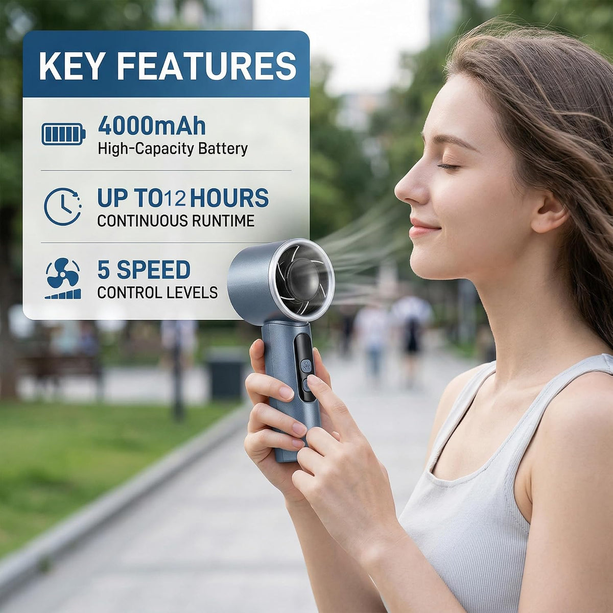 Handheld Fan 4000mAh,Portable Personal Fan with 5 Speeds&LED Digital Display,9-12H Long Battery Life,Turbo Brushless Motor,Strong Wind Rechargeable Fan for Home Office Outdoor Travel (blue)