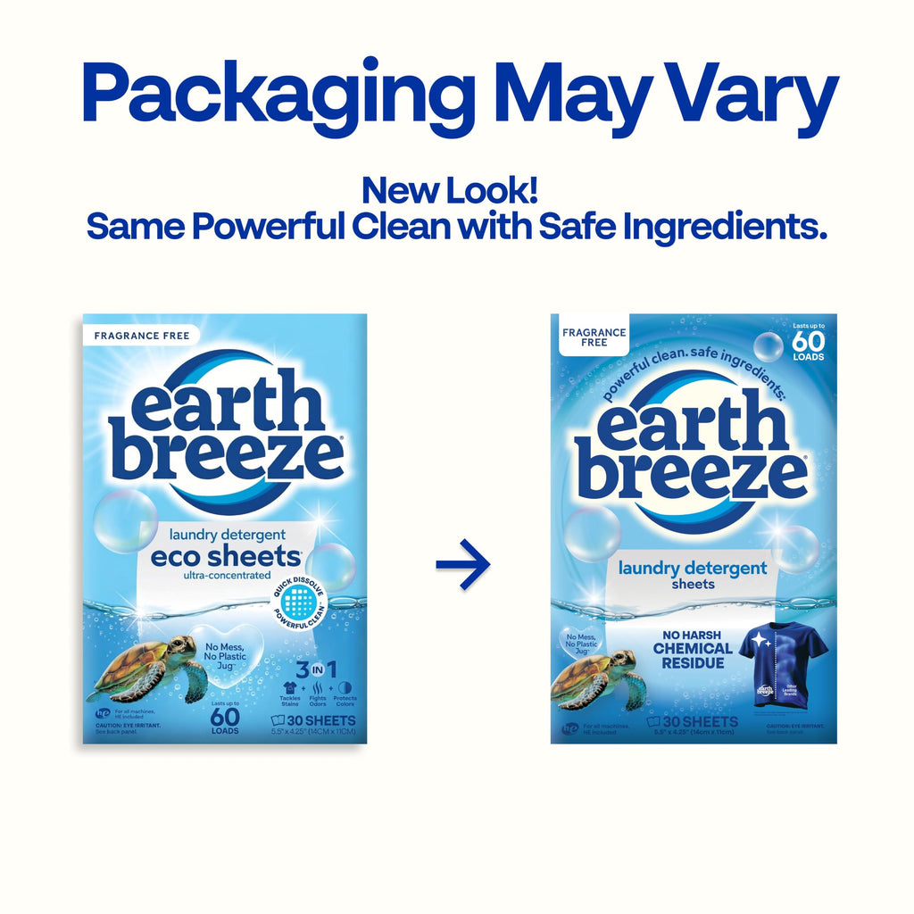 Earth Breeze Laundry Detergent Sheets Fresh Scent - 60 Loads per package. Eco Liquidless Soap - Travel-Friendly for Hot & Cold Cycles, Tackles Tough Stains & Odors - Gentle on Skin, 30 sheets (3 Pack)