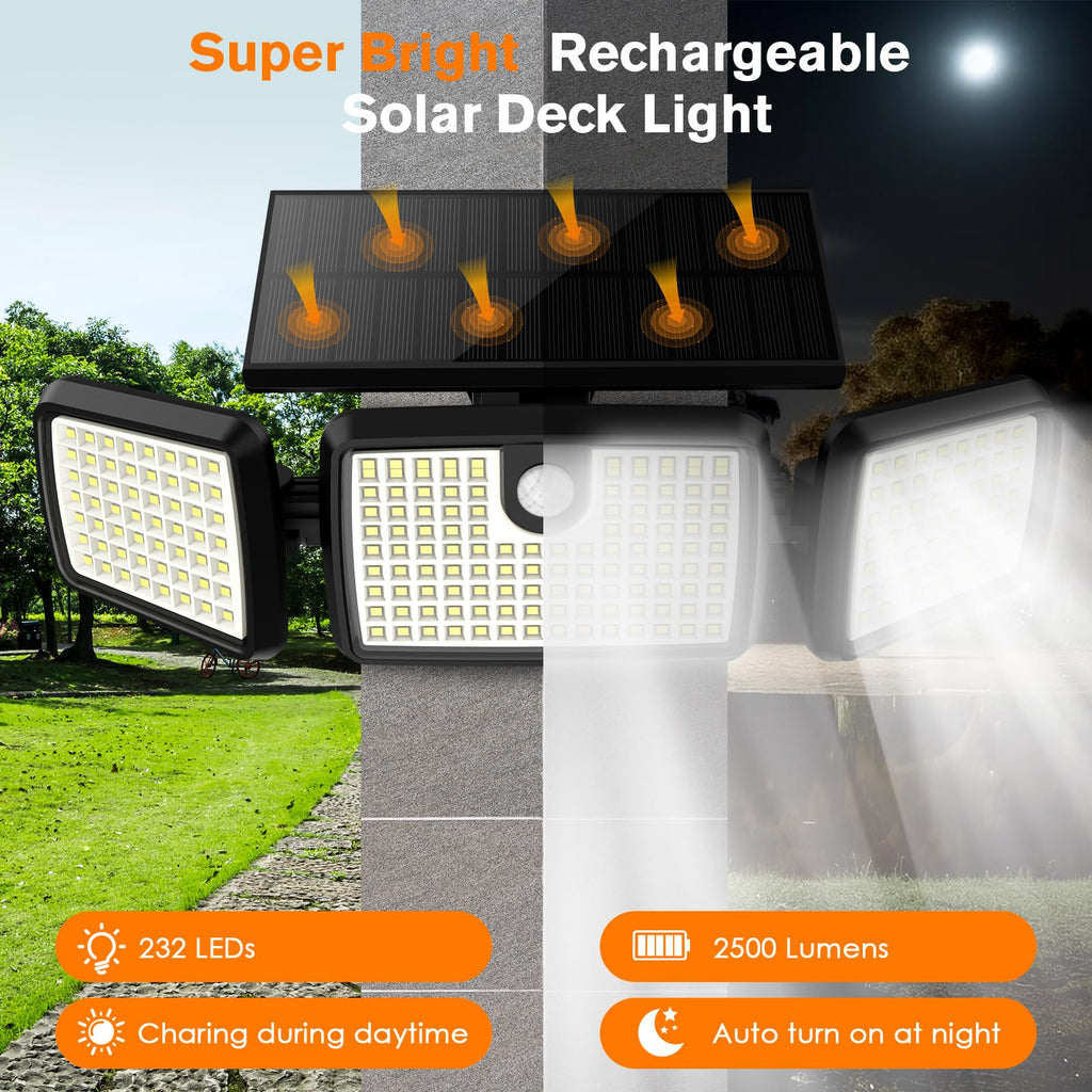 MIHANI Solar Flood Lights Outdoor, 2500LM Motion Sensor Security Lights with 270° Wide Angle, IP65 Waterproof, 3 Heads Solar Outdoor Lights for Patio, Yard, House, Garage (Non-Remote, 2 Pack)