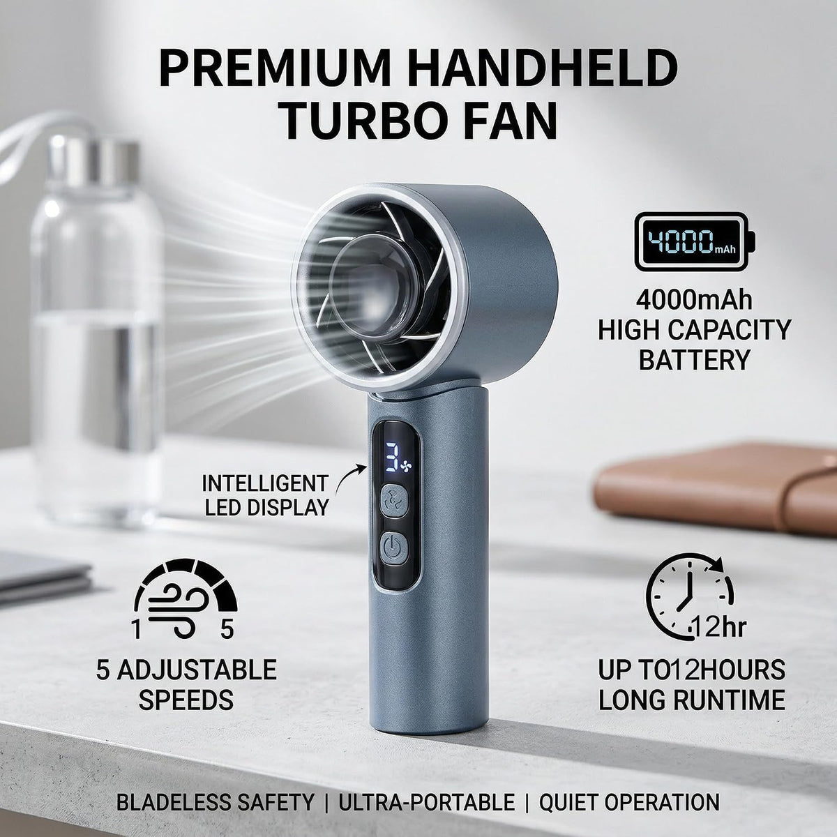 Handheld Fan 4000mAh,Portable Personal Fan with 5 Speeds&LED Digital Display,9-12H Long Battery Life,Turbo Brushless Motor,Strong Wind Rechargeable Fan for Home Office Outdoor Travel (blue)