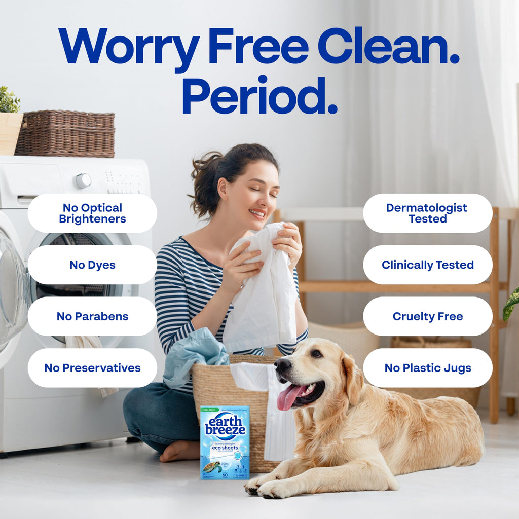 Earth Breeze Laundry Detergent Sheets Fresh Scent - 60 Loads per package. Eco Liquidless Soap - Travel-Friendly for Hot & Cold Cycles, Tackles Tough Stains & Odors - Gentle on Skin, 30 sheets (3 Pack)