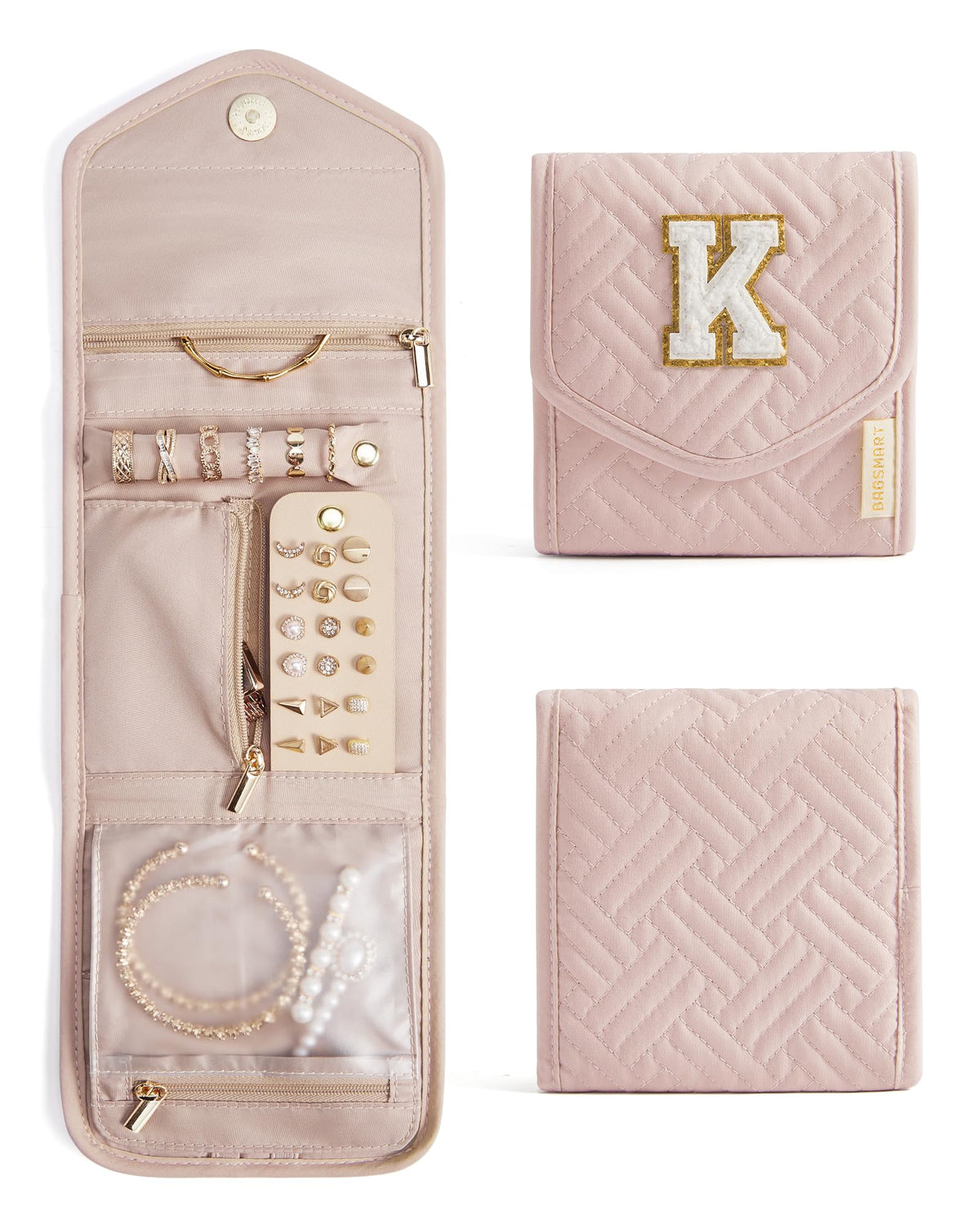BAGSMART Travel Jewelry Organizer Case Foldable Jewelry Roll,Soft Pink