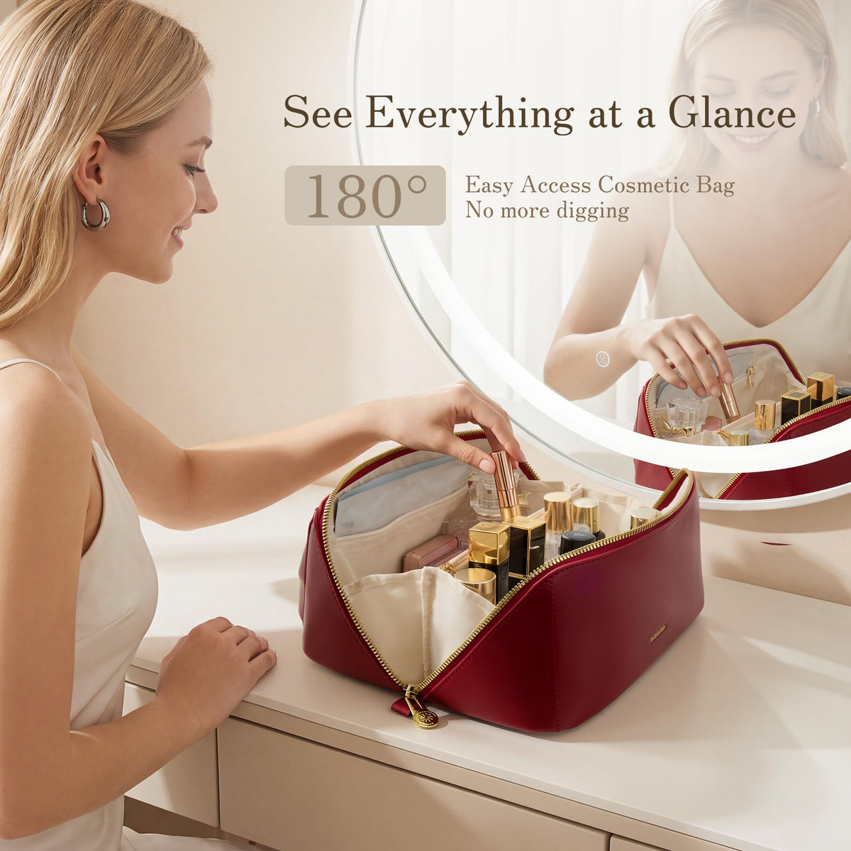 SHOWKOO Cosmetic Bag for Women, WideOpen Travel Makeup Bag with Compartment