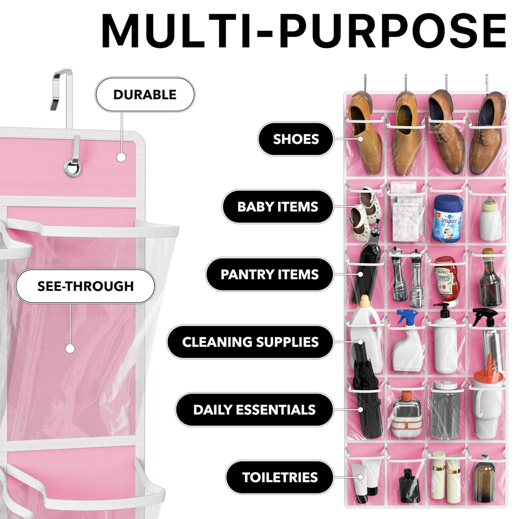 Simple Houseware 24 Pockets Clear Over the Door Shoe Organizer, Pink