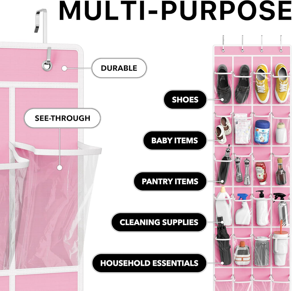 Simple Houseware 24 Pockets Clear Over the Door Shoe Organizer, Pink