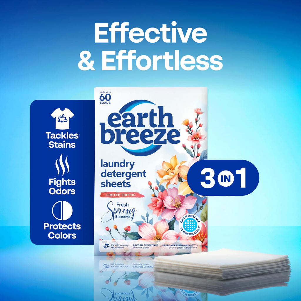 Earth Breeze Laundry Detergent Sheets Fresh Scent - 60 Loads per package. Eco Liquidless Soap - Travel-Friendly for Hot & Cold Cycles, Tackles Tough Stains & Odors - Gentle on Skin, 30 sheets (3 Pack)