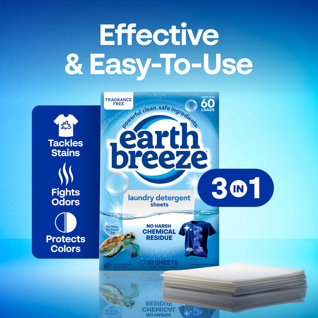 Earth Breeze Laundry Detergent Sheets Fresh Scent - 60 Loads per package. Eco Liquidless Soap - Travel-Friendly for Hot & Cold Cycles, Tackles Tough Stains & Odors - Gentle on Skin, 30 sheets (3 Pack)
