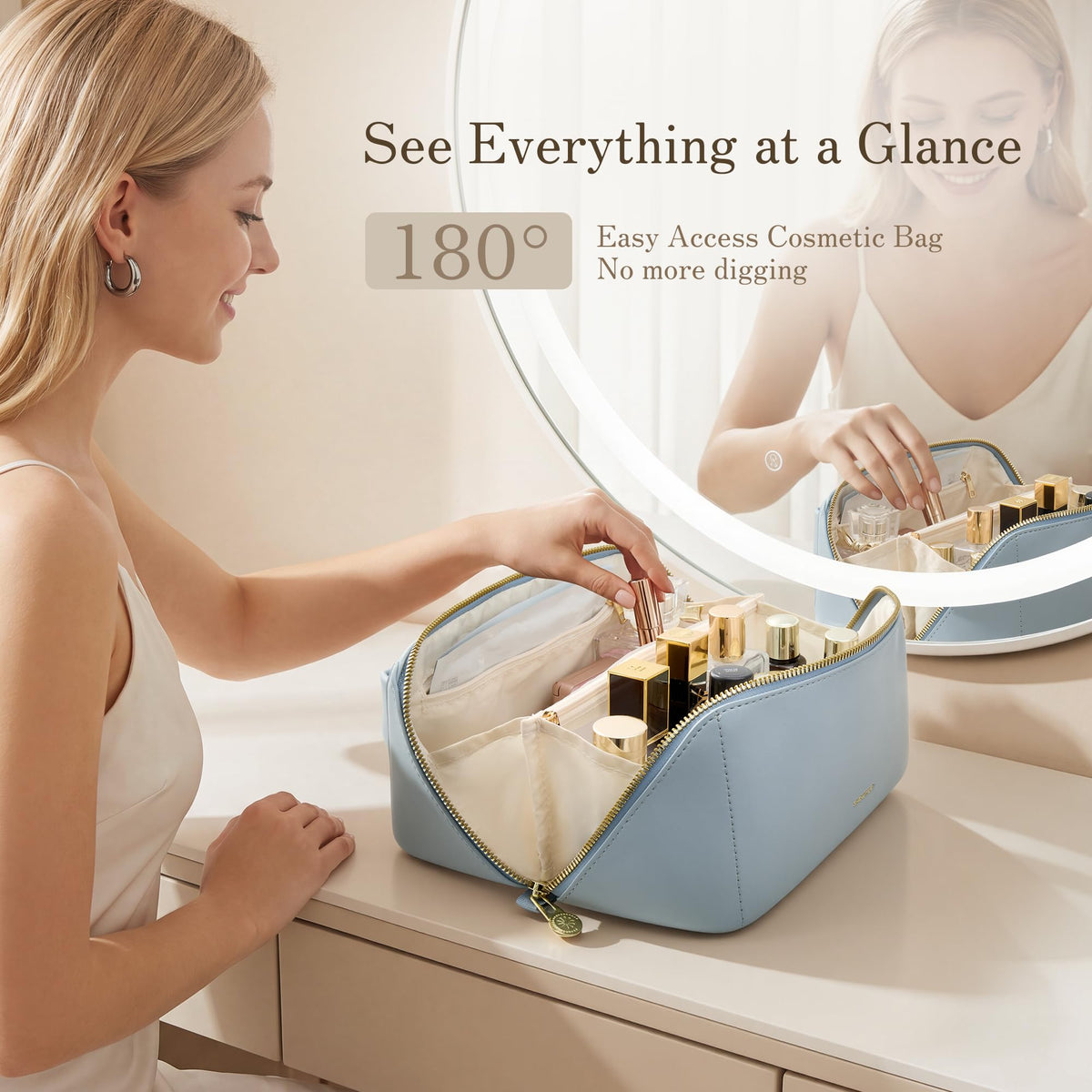 SHOWKOO Cosmetic Bag for Women, WideOpen Travel Makeup Bag with Compartment
