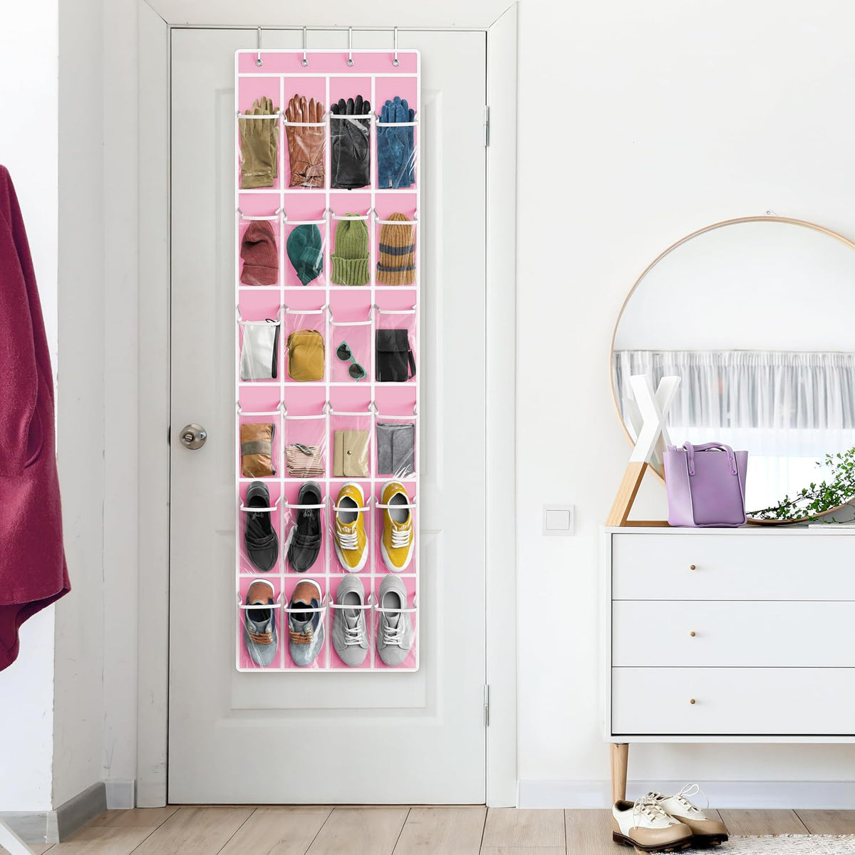 Simple Houseware 24 Pockets Clear Over the Door Shoe Organizer, Pink