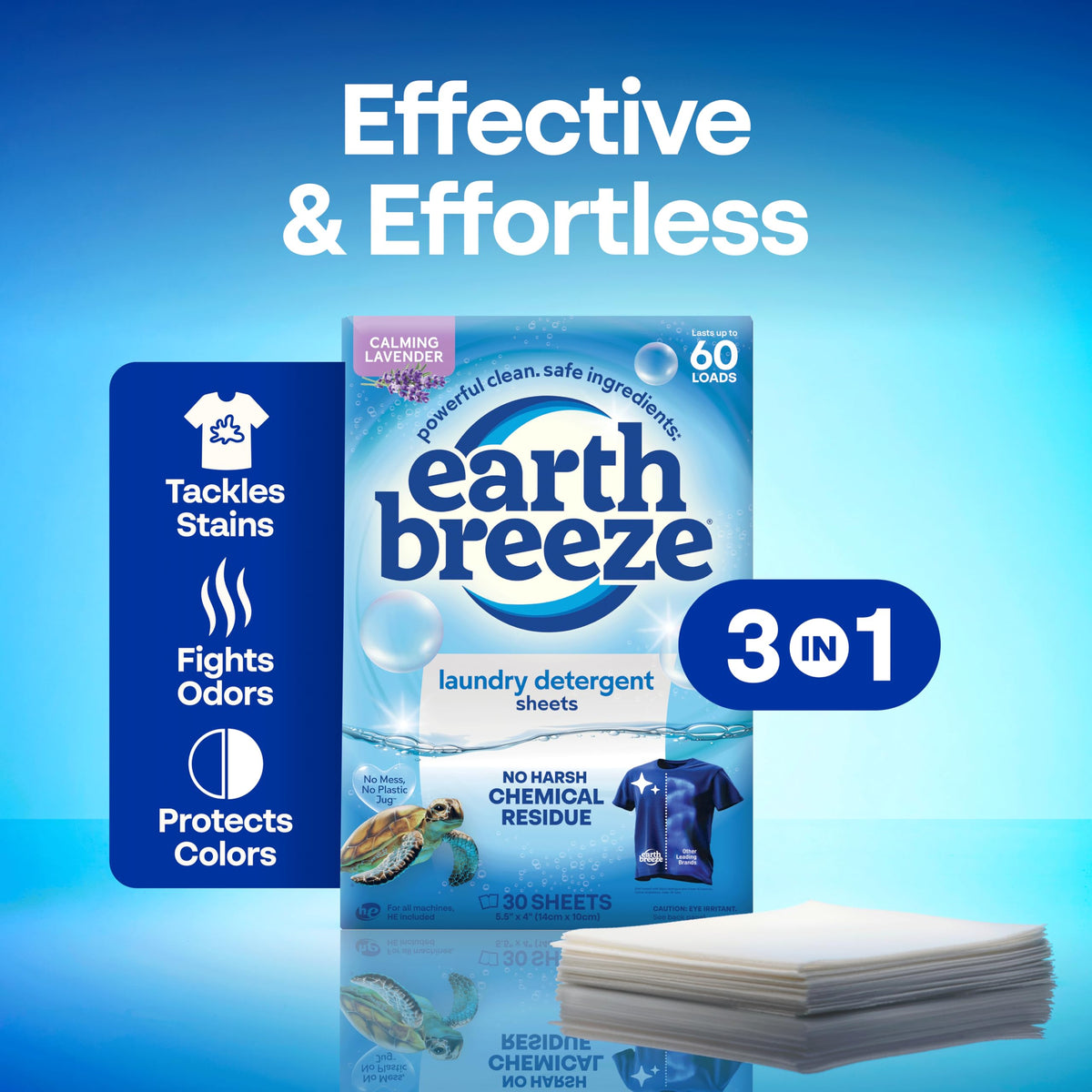 Earth Breeze Laundry Detergent Sheets Fresh Scent - 60 Loads per package. Eco Liquidless Soap - Travel-Friendly for Hot & Cold Cycles, Tackles Tough Stains & Odors - Gentle on Skin, 30 sheets (3 Pack)